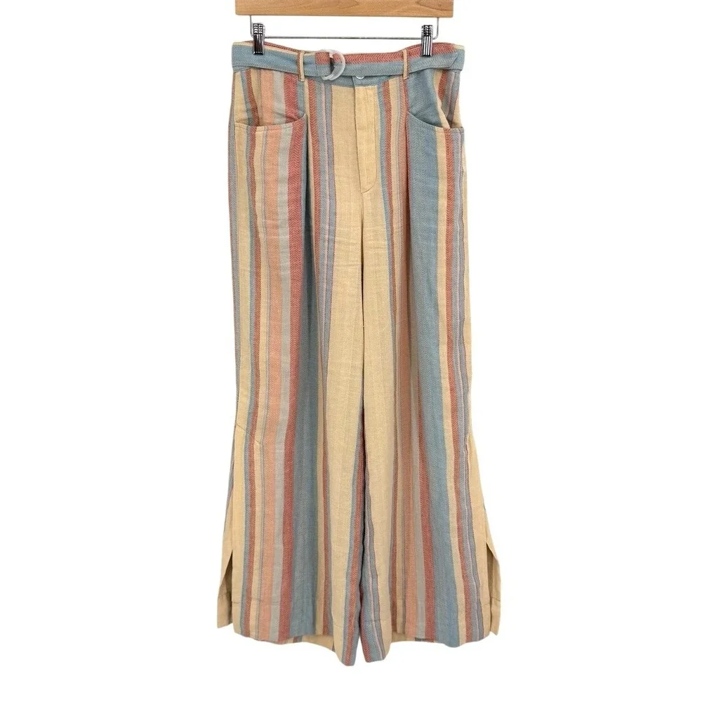 Anthropologie Womens Size 6 Pants Wide Leg Linen Blend Striped High Rise Coastal - Picture 2 of 10